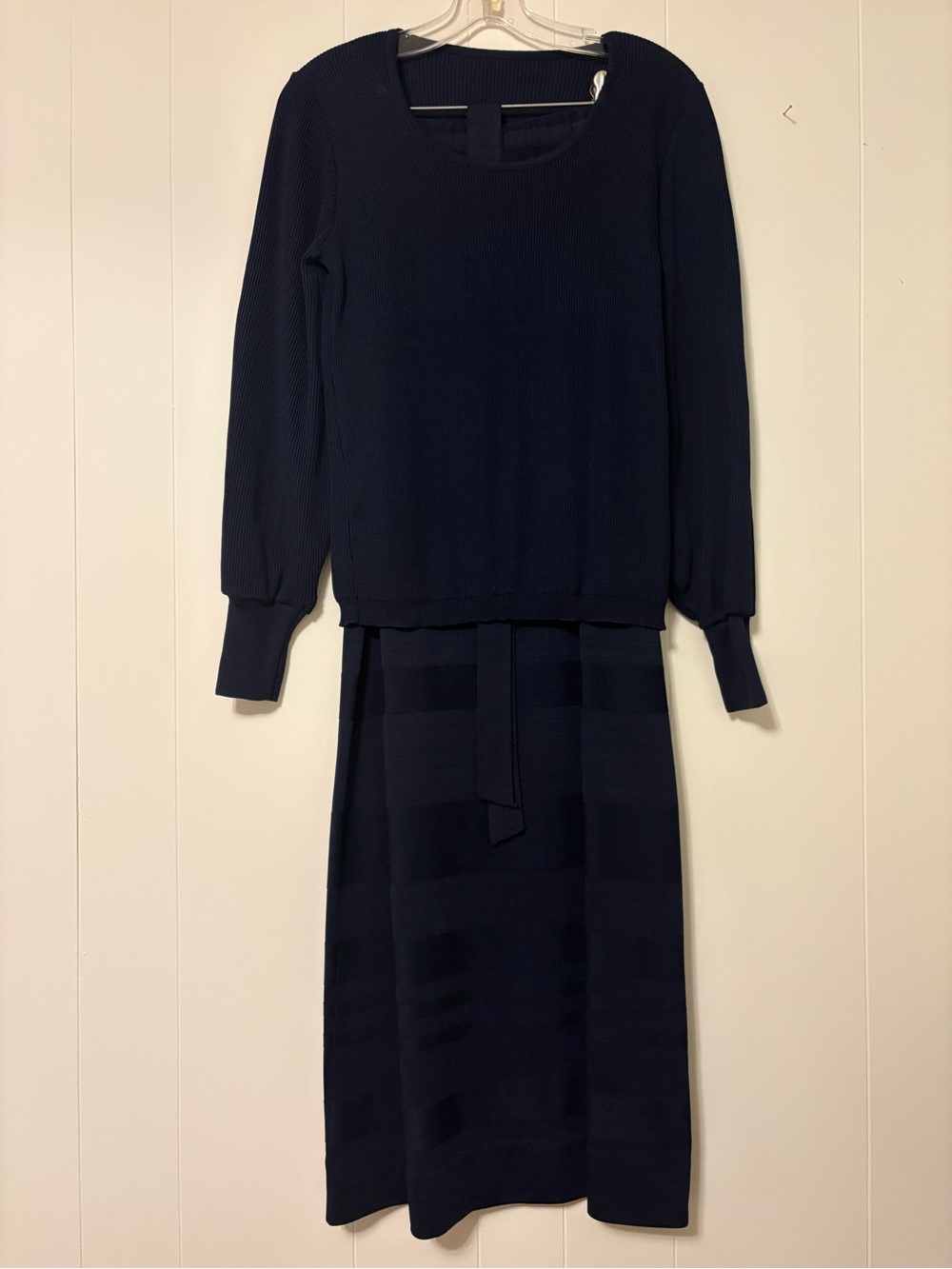 Navy Knit Long Sleeve Dress with Waist Tie
